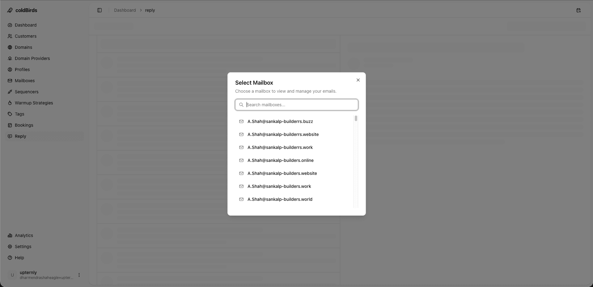 Unibox showing a prospect reply with folders for replies, bounces and spam