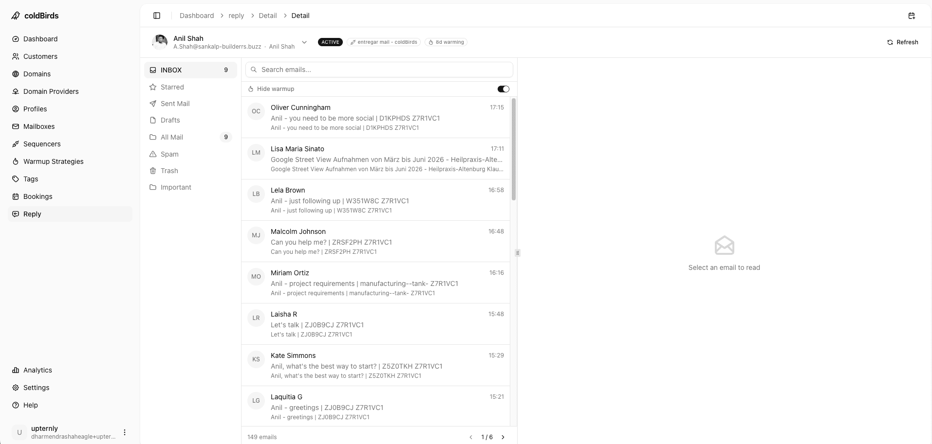 coldBirds sequencer dashboard showing connected mailboxes and live sending health